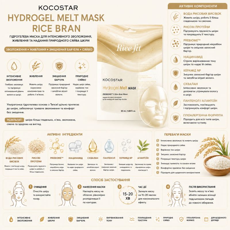 Біорозчинна гідрогелева маска для обличчя з рисовими висівками – KOCOSTAR